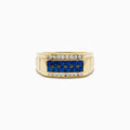 Mens 14K Yellow Gold Diamond and Blue Sapphire Ring featuring a central row of blue sapphires bordered by two rows of small clear diamonds.