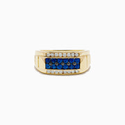 Mens 14K Yellow Gold Diamond and Blue Sapphire Ring featuring a central row of blue sapphires bordered by two rows of small clear diamonds.