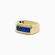 Mens 14K Yellow Gold Diamond and Blue Sapphire Ring featuring a central row of blue sapphires bordered by two rows of small clear diamonds.