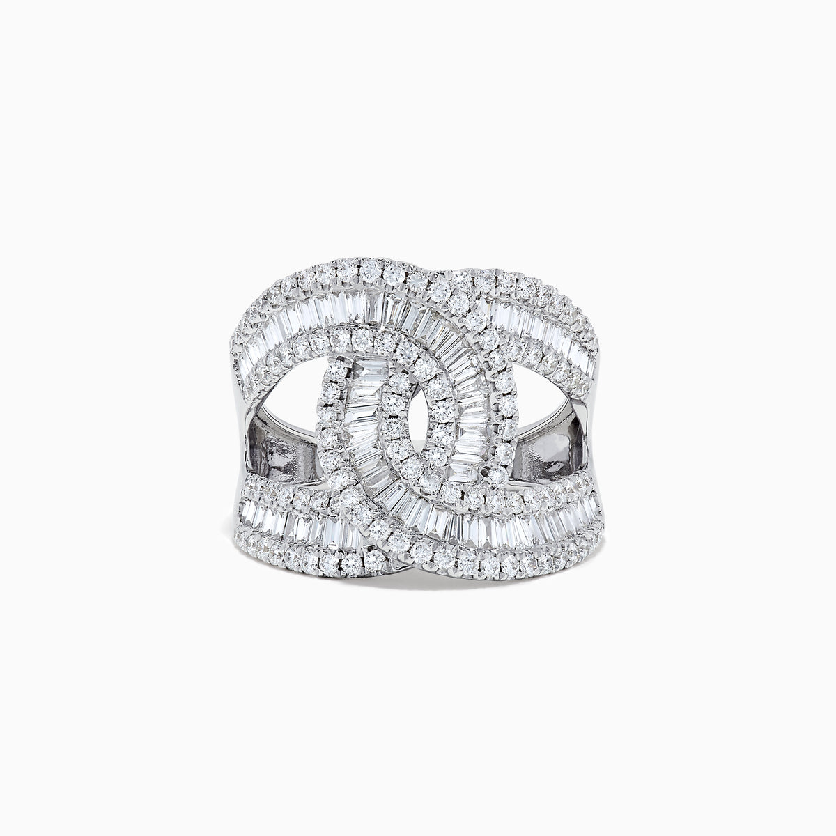 A 14K white gold diamond ring, 1.42 TCW, featuring baguette and round-cut diamonds with an interlocking geometric center design.