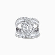 A 14K white gold diamond ring, 1.42 TCW, featuring baguette and round-cut diamonds with an interlocking geometric center design.