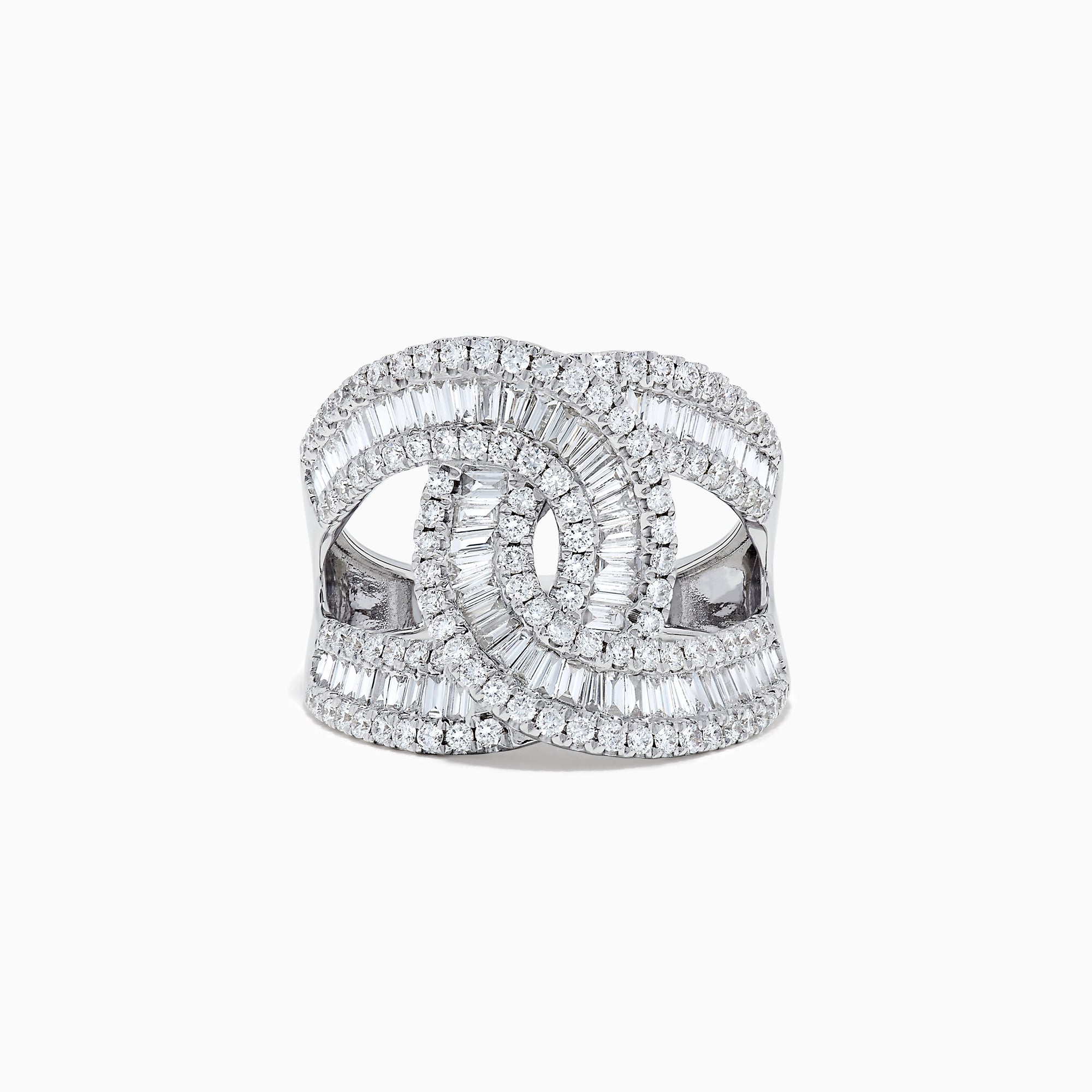 A 14K white gold diamond ring, 1.42 TCW, featuring baguette and round-cut diamonds with an interlocking geometric center design.