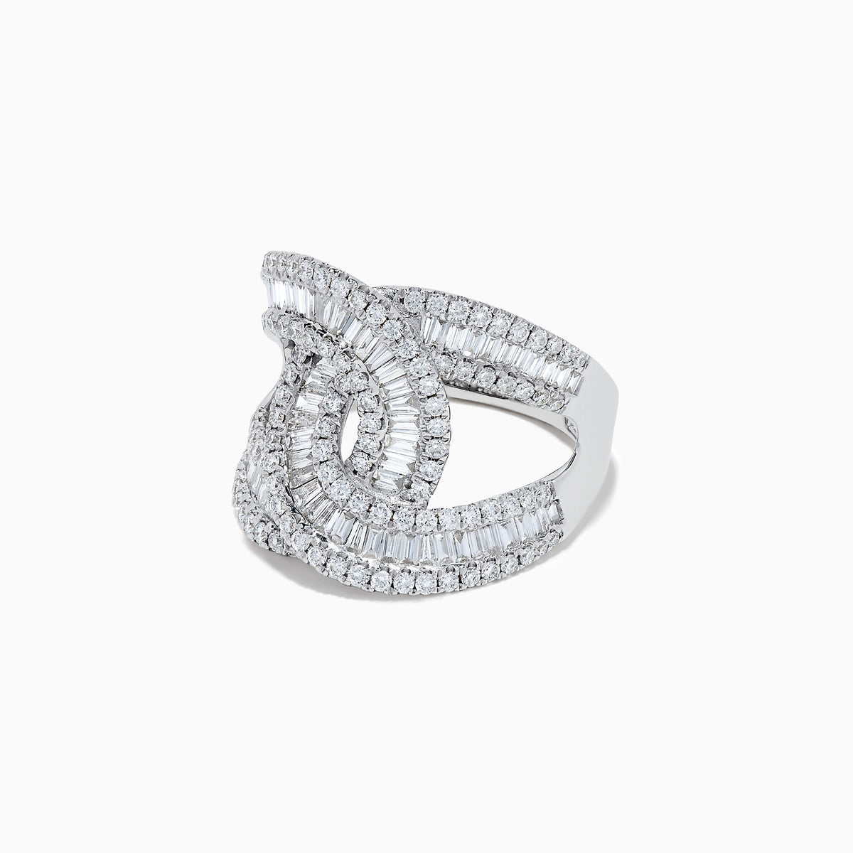 A 14K white gold diamond ring, 1.42 TCW, featuring baguette and round-cut diamonds with an interlocking geometric center design.