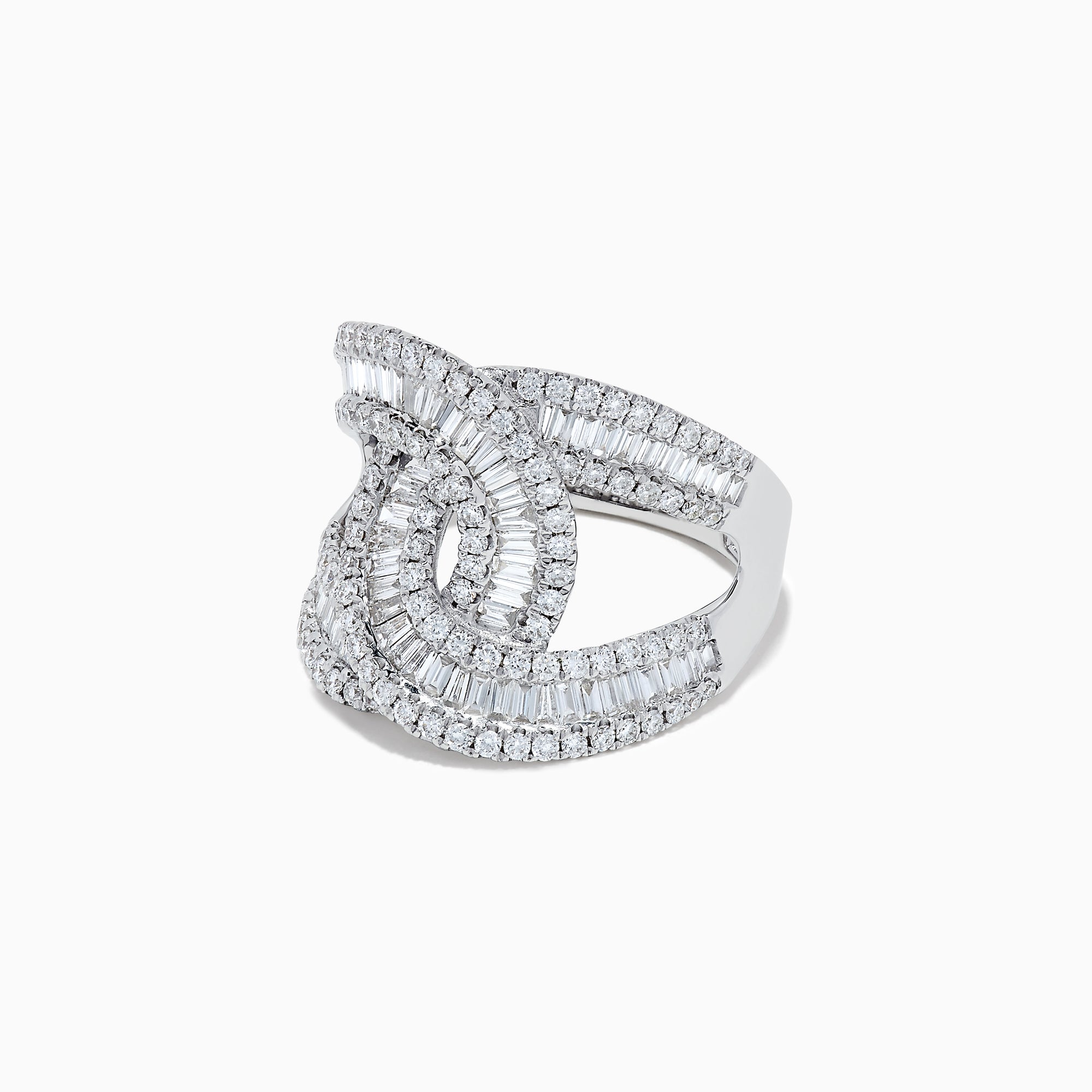 A 14K white gold diamond ring, 1.42 TCW, featuring baguette and round-cut diamonds with an interlocking geometric center design.