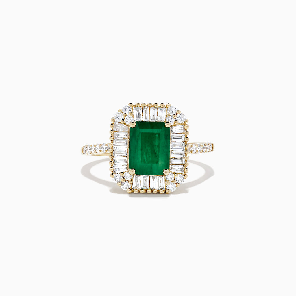 The Brasilica 14K Yellow Gold Emerald and Diamond Ring, 2.00 TCW, features a rectangular green emerald center framed by baguette and round diamonds, plus diamond accents on the band, shown elegantly on a white background.