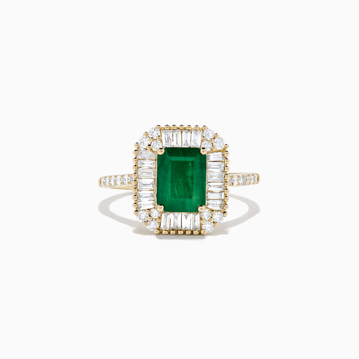 The Brasilica 14K Yellow Gold Emerald and Diamond Ring, 2.00 TCW, features a rectangular green emerald center framed by baguette and round diamonds, plus diamond accents on the band, shown elegantly on a white background.