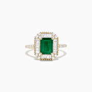 The Brasilica 14K Yellow Gold Emerald and Diamond Ring, 2.00 TCW, features a rectangular green emerald center framed by baguette and round diamonds, plus diamond accents on the band, shown elegantly on a white background.