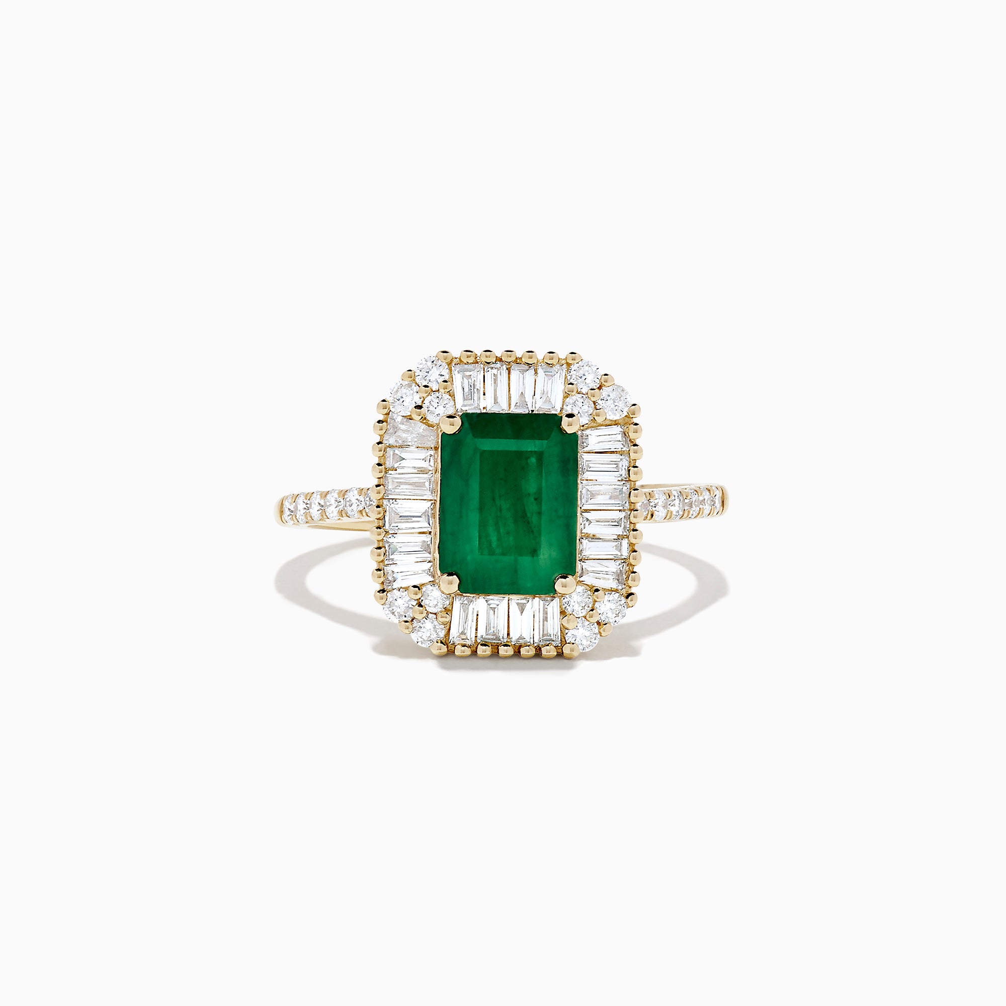 The Brasilica 14K Yellow Gold Emerald and Diamond Ring, 2.00 TCW, features a rectangular green emerald center framed by baguette and round diamonds, plus diamond accents on the band, shown elegantly on a white background.