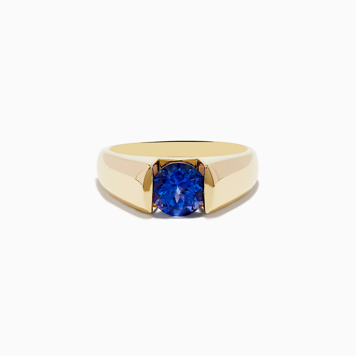 The Nahla Siri 14K Yellow Gold Tanzanite Ring features a wide band and a single round blue gemstone at the center, displayed on a white background.