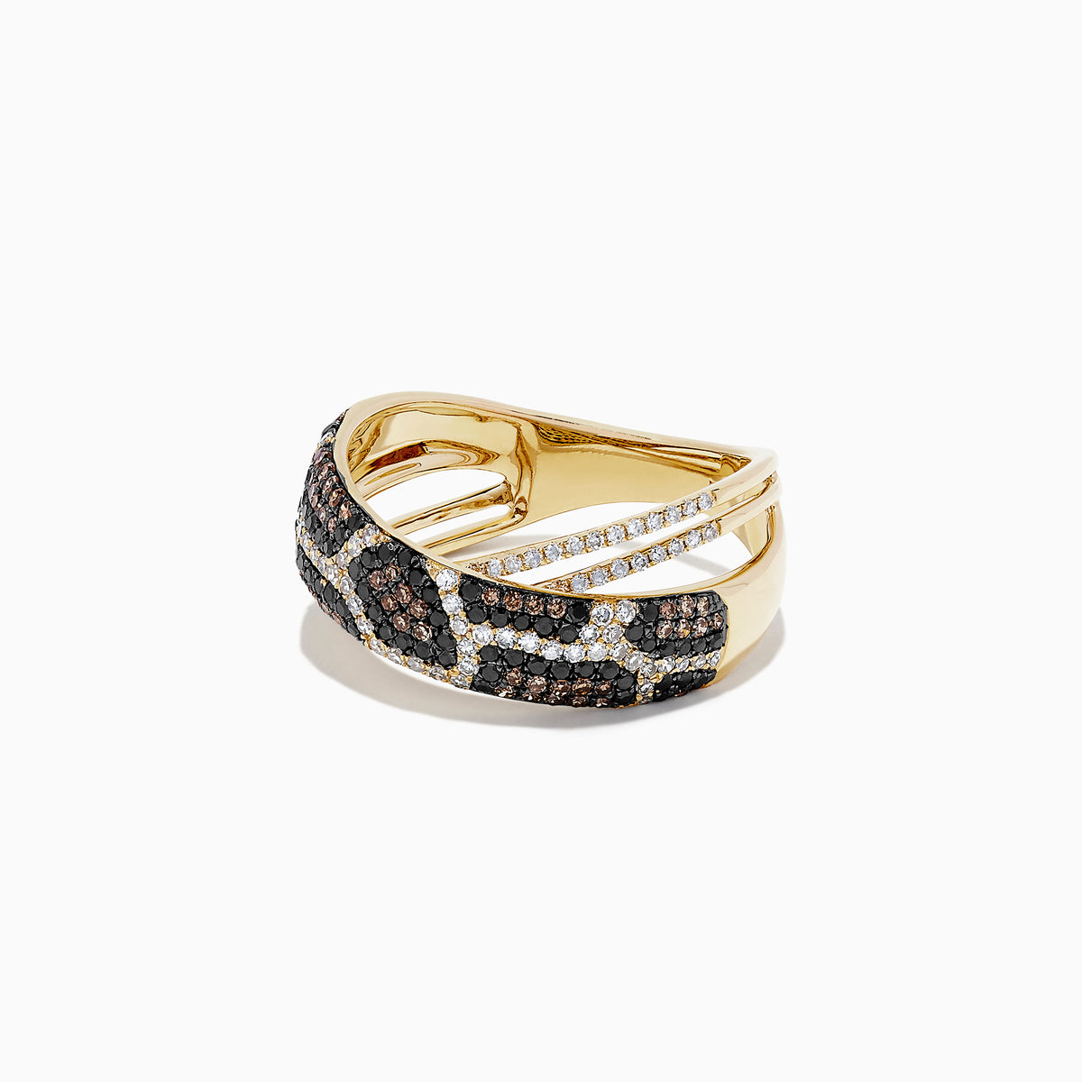 The 14K Yellow Gold Espresso, Black and White Diamond Ring features a crisscross snakeskin-inspired design and rows of sparkling diamonds totaling 0.76 TCW, creating a modern, luxurious look.