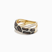 The 14K Yellow Gold Espresso, Black and White Diamond Ring features a crisscross snakeskin-inspired design and rows of sparkling diamonds totaling 0.76 TCW, creating a modern, luxurious look.