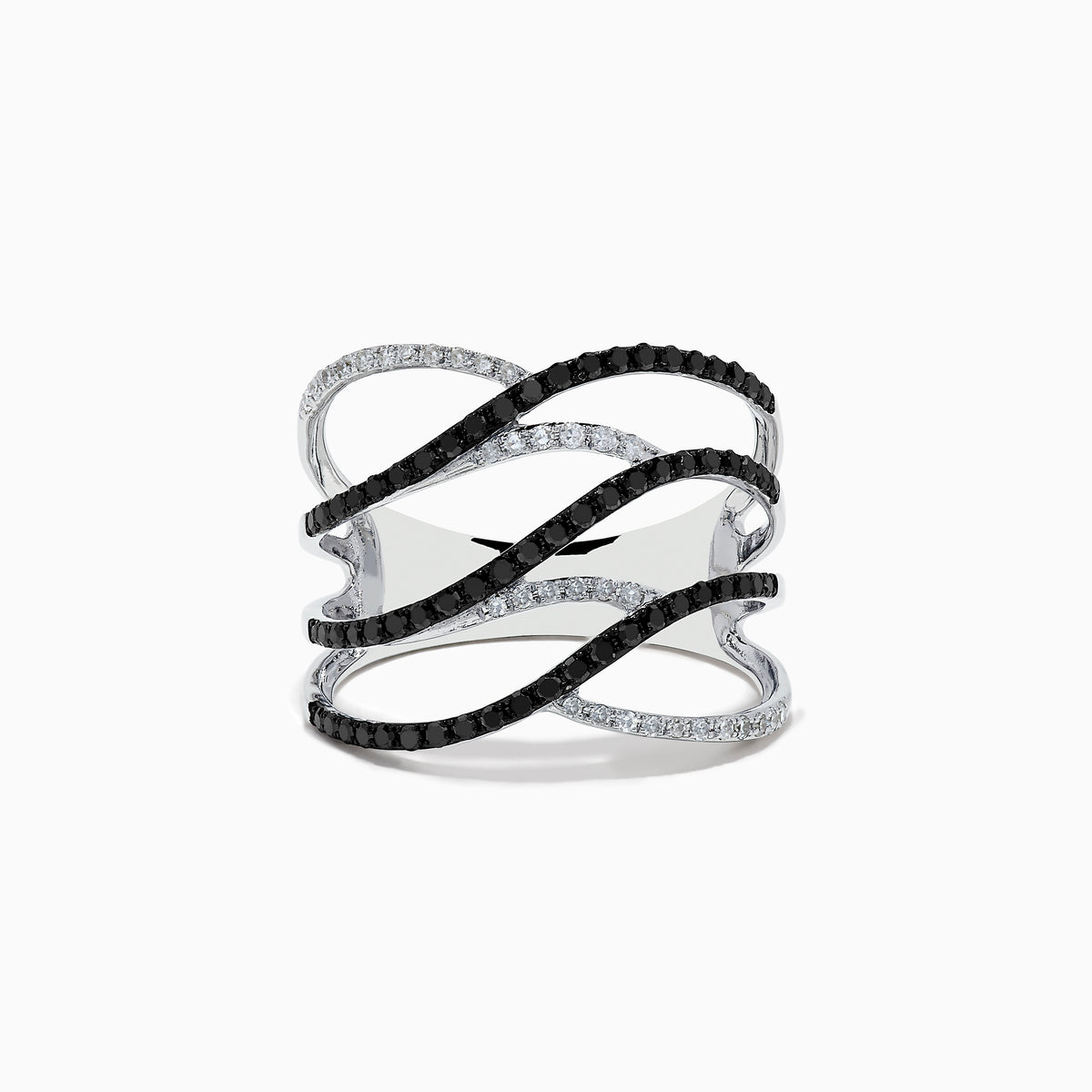 The 14K White Gold White and Black Diamond Crossover Ring features wide, wavy open bands with alternating black and white diamonds in an elegant intertwined pattern.