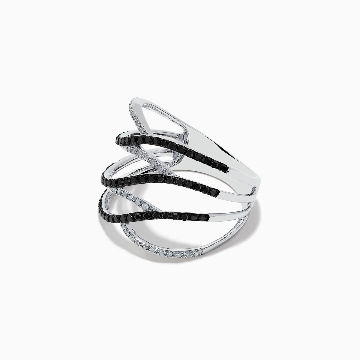 The 14K White Gold White and Black Diamond Crossover Ring features wide, wavy open bands with alternating black and white diamonds in an elegant intertwined pattern.
