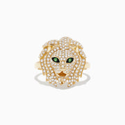 The Safari 14K Yellow Gold Diamond and Tsavorite Lion Head Ring (0.69 TCW) features a bold lion head adorned with sparkling diamonds and vivid green tsavorite eyes, shown against a plain white background.