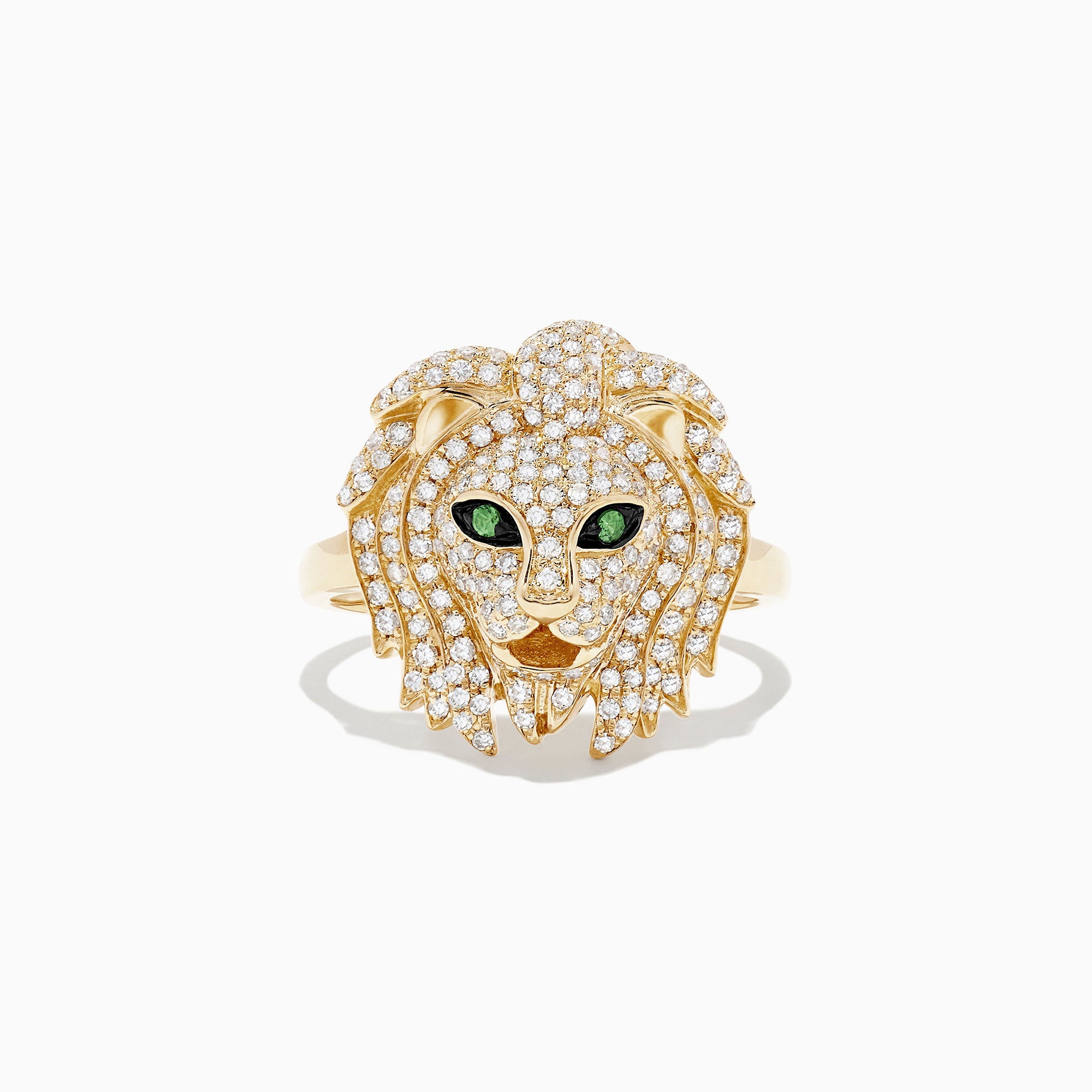 The Safari 14K Yellow Gold Diamond and Tsavorite Lion Head Ring (0.69 TCW) features a bold lion head adorned with sparkling diamonds and vivid green tsavorite eyes, shown against a plain white background.