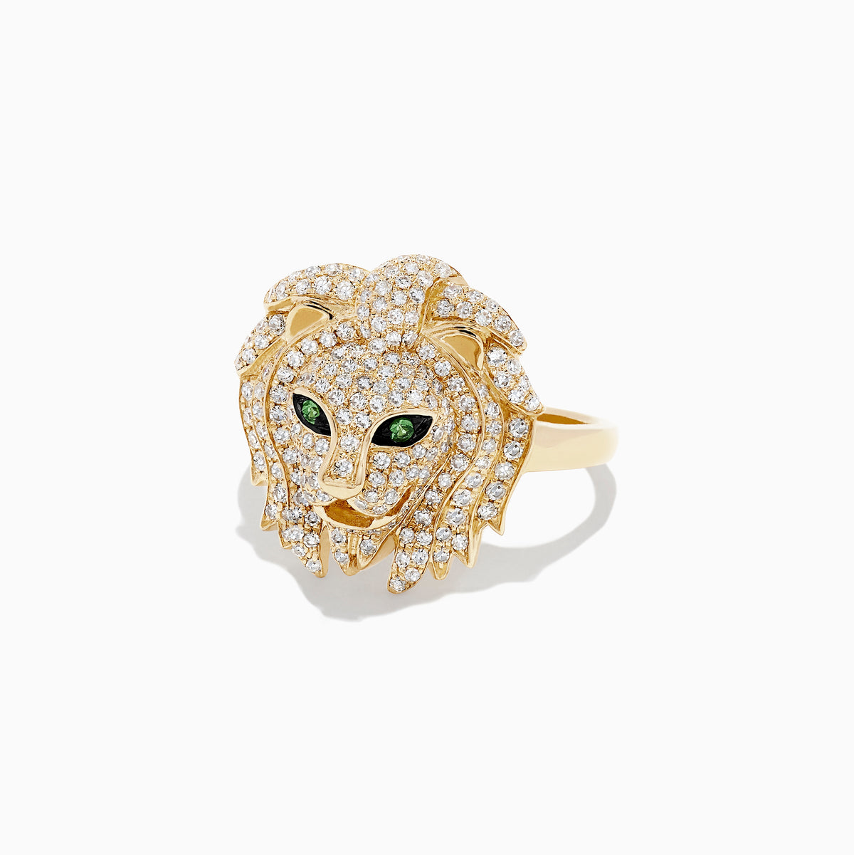 The Safari 14K Yellow Gold Diamond and Tsavorite Lion Head Ring (0.69 TCW) features a bold lion head adorned with sparkling diamonds and vivid green tsavorite eyes, shown against a plain white background.