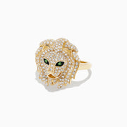 The Safari 14K Yellow Gold Diamond and Tsavorite Lion Head Ring (0.69 TCW) features a bold lion head adorned with sparkling diamonds and vivid green tsavorite eyes, shown against a plain white background.