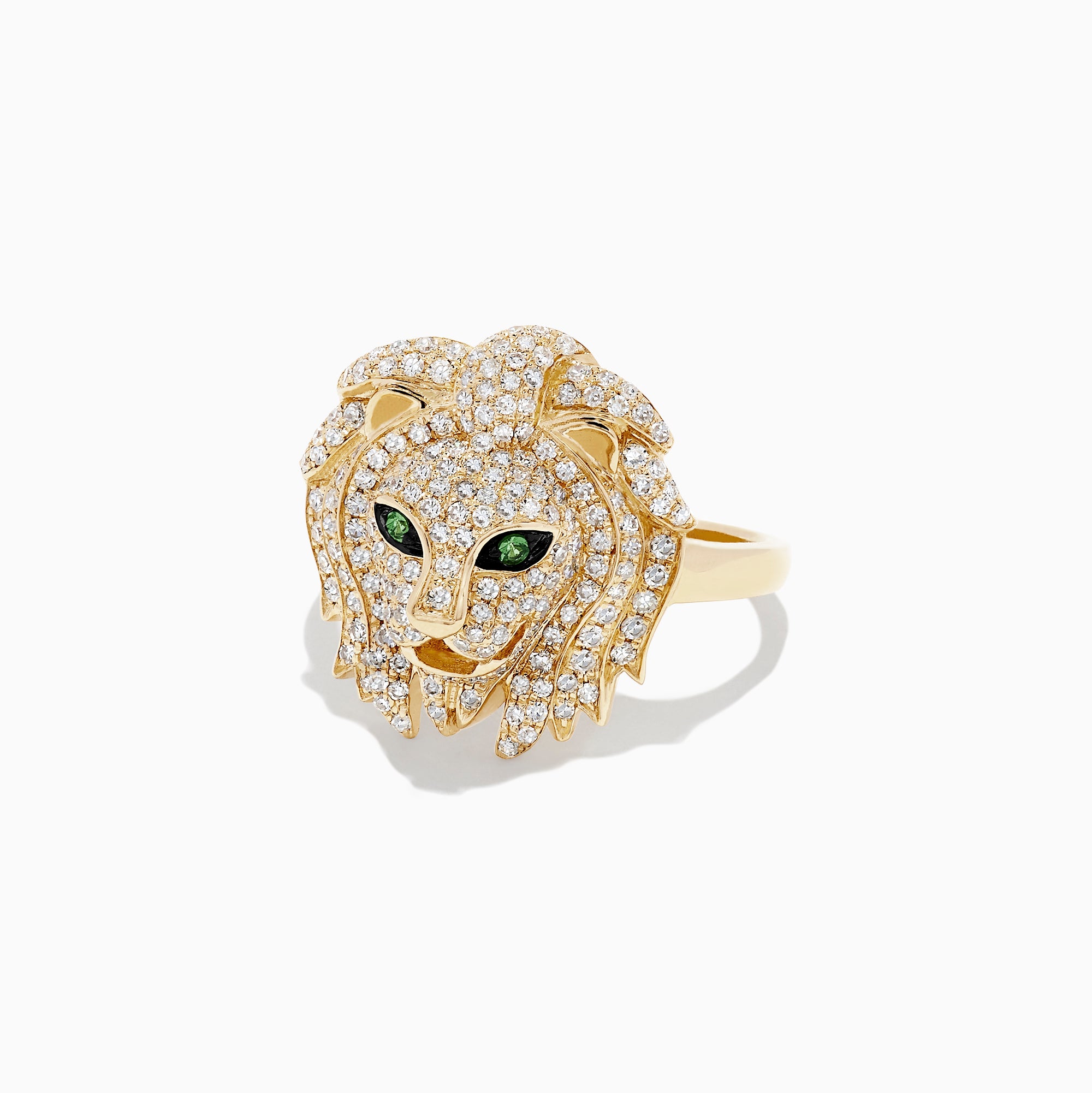 The Safari 14K Yellow Gold Diamond and Tsavorite Lion Head Ring (0.69 TCW) features a bold lion head adorned with sparkling diamonds and vivid green tsavorite eyes, shown against a plain white background.