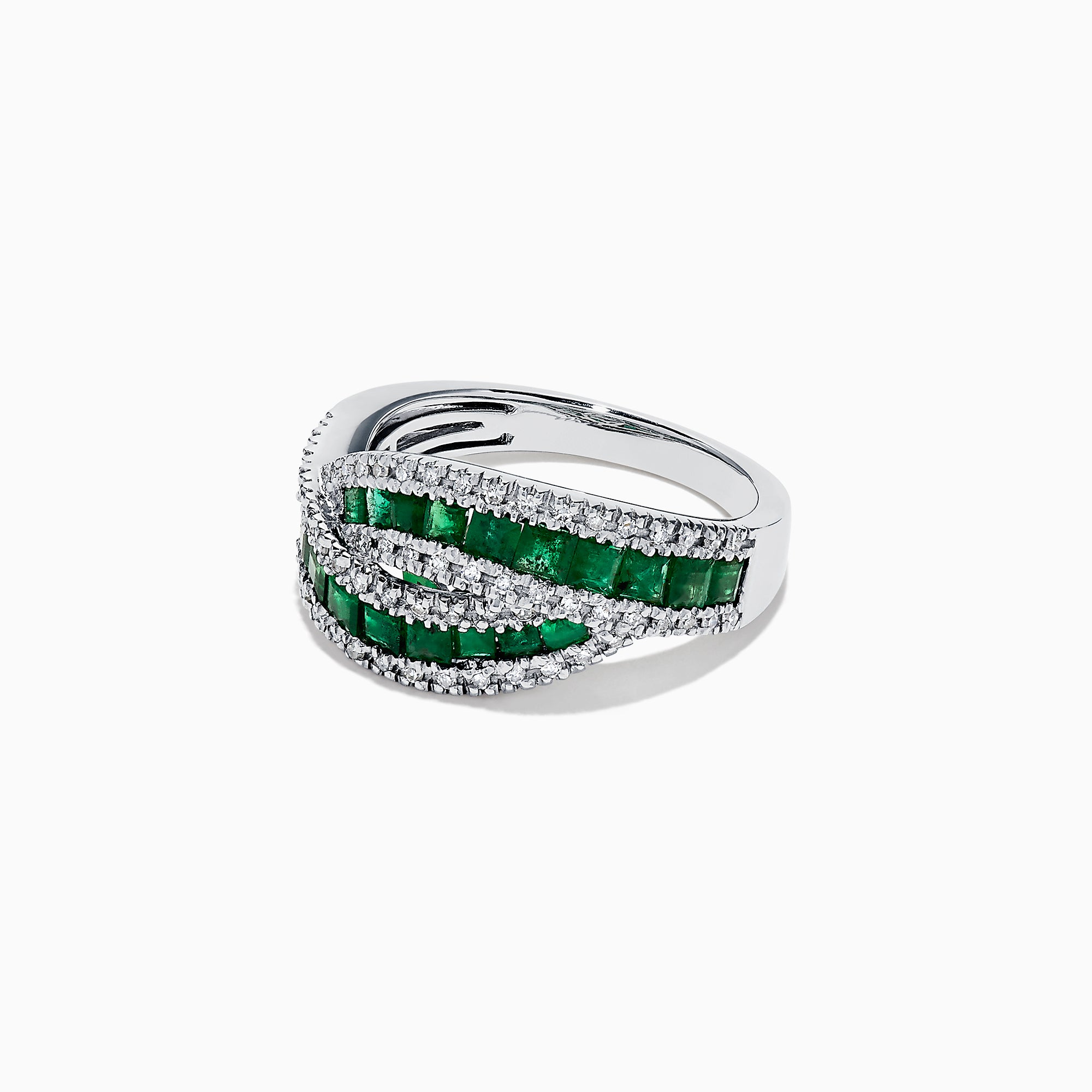 A 14K White Gold Princess Cut Emerald and Diamond Ring, 1.76 TCW, features two overlapping bands with rectangular green emeralds at the center bordered by small diamonds, displayed against a white background.
