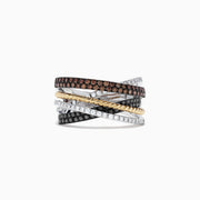The 14K Tri-Color Gold Black, Brown and White Diamond Ring, 0.38 TCW features intertwined yellow, white (with clear diamonds), and rose gold (with brown stones), accented with black stones for a layered diamond ring look.