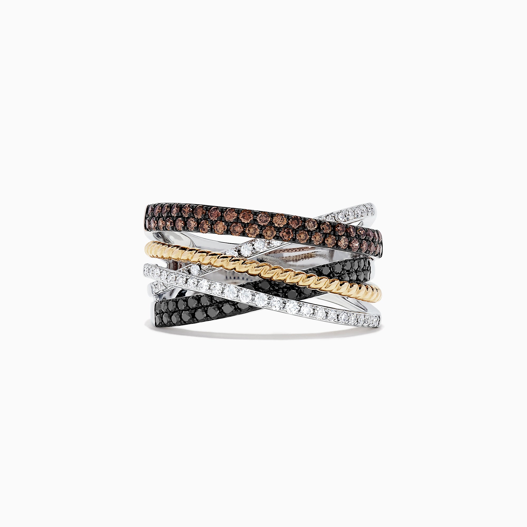 The 14K Tri-Color Gold Black, Brown and White Diamond Ring, 0.38 TCW features intertwined yellow, white (with clear diamonds), and rose gold (with brown stones), accented with black stones for a layered diamond ring look.