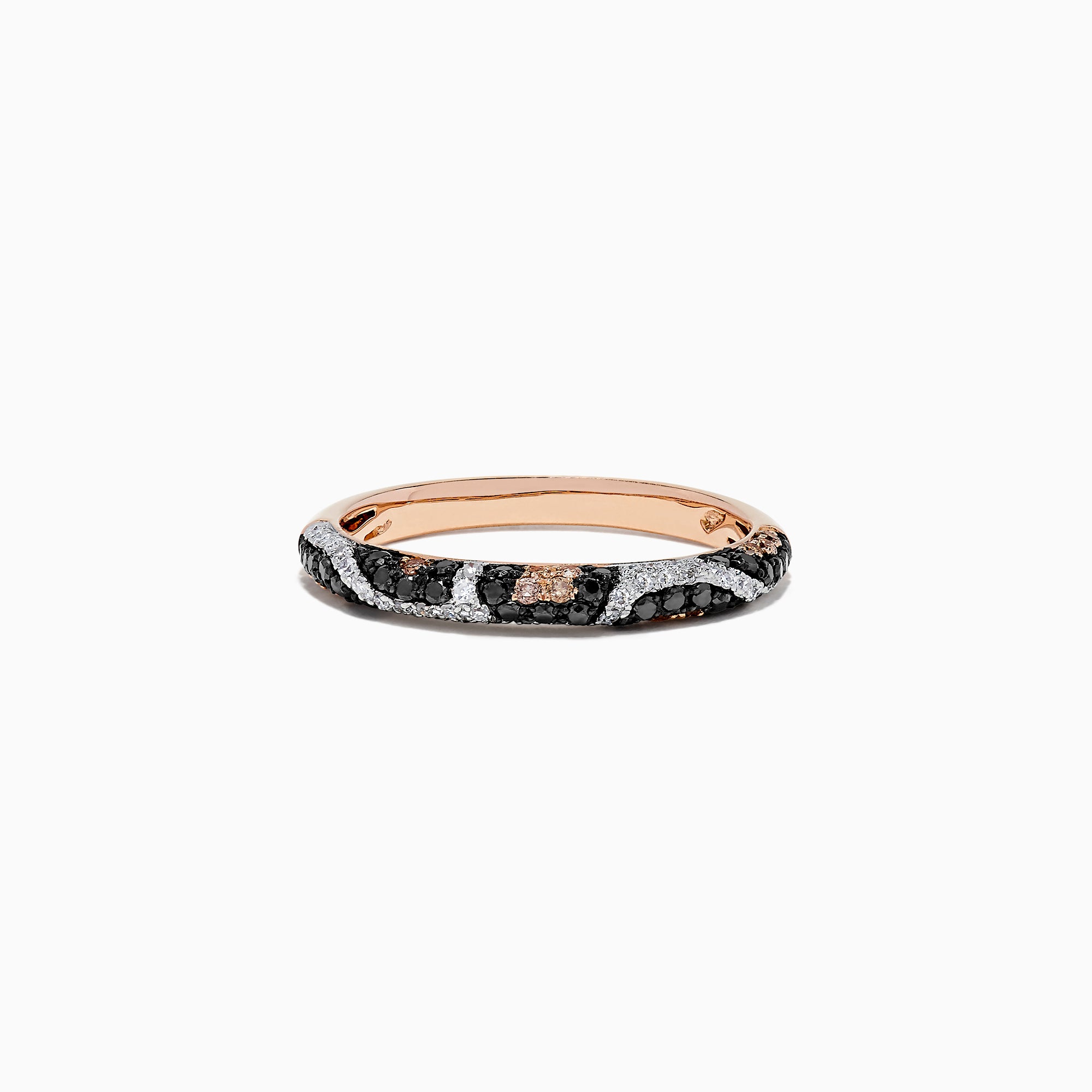 The Signature 14K Rose Gold Diamond Panther Spot Ring, 0.47 TCW, showcases alternating diagonal stripes of black and white diamonds for a bold yet elegant look against luxurious rose gold.