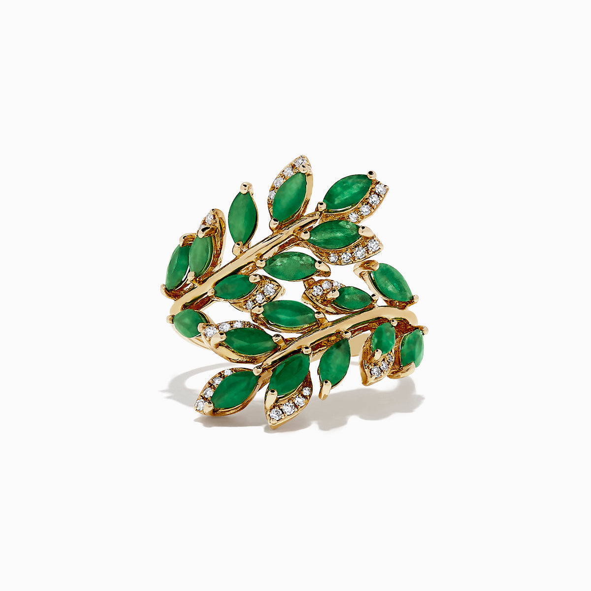 The Brasilica 14K Yellow Gold Emerald and Diamond Ring, 2.78 TCW, features an openwork leafy branch design set with marquise-shaped emeralds and small round diamonds.