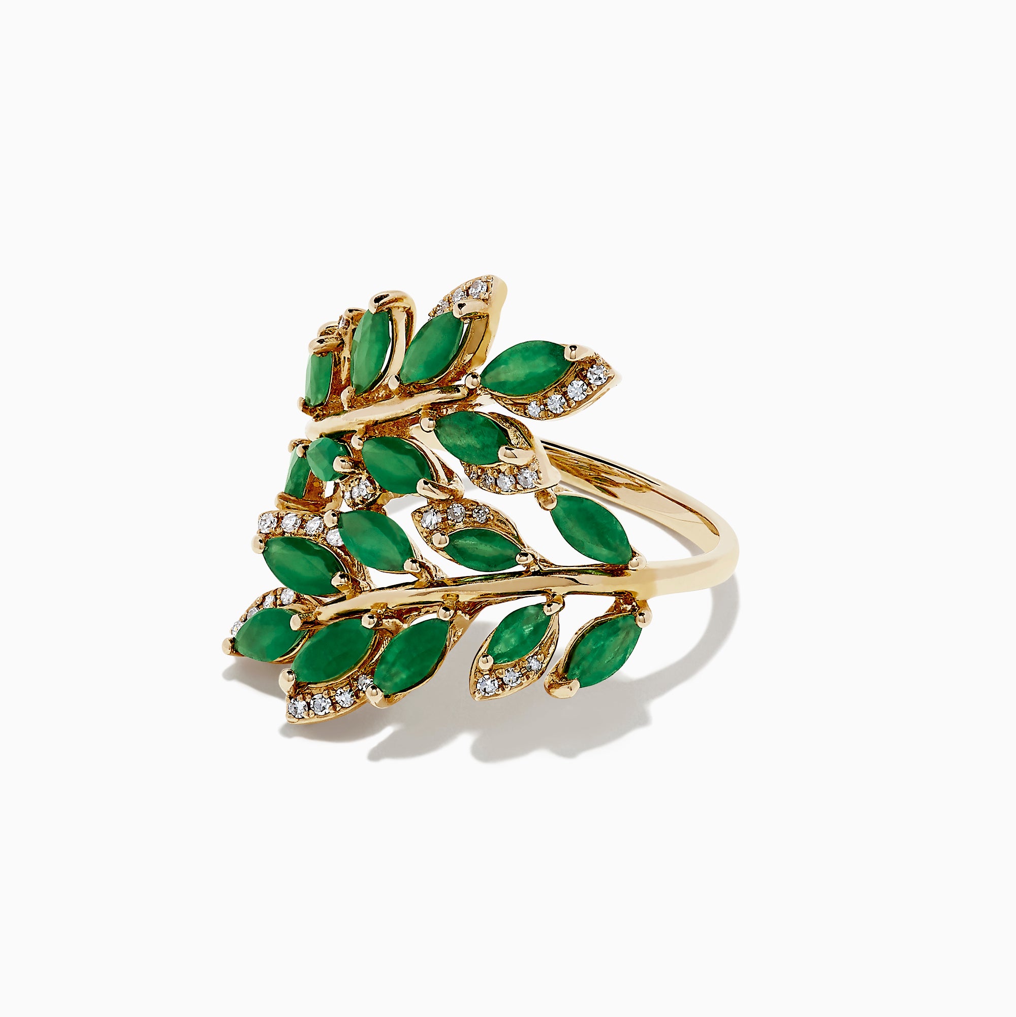 The Brasilica 14K Yellow Gold Emerald and Diamond Ring, 2.78 TCW, features an openwork leafy branch design set with marquise-shaped emeralds and small round diamonds.