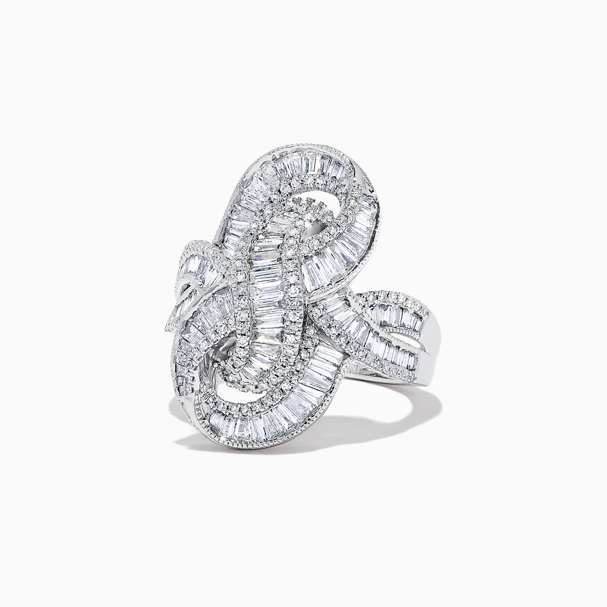 The Classique 14K White Gold Diamond Knot Ring, 1.67 TCW, features an intricate, swirling design with baguette and round-cut diamonds, beautifully displayed on a white background.