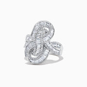 The Classique 14K White Gold Diamond Knot Ring, 1.67 TCW, features an intricate, swirling design with baguette and round-cut diamonds, beautifully displayed on a white background.
