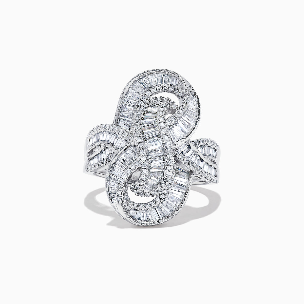 The Classique 14K White Gold Diamond Knot Ring, 1.67 TCW, features an intricate, swirling design with baguette and round-cut diamonds, beautifully displayed on a white background.