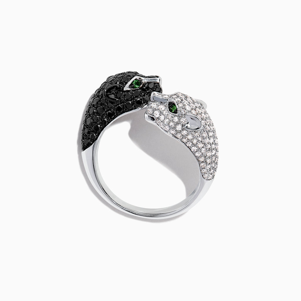 The Signature 14K Gold Black & White Diamond Double Panther Ring, 1.49 TCW, features two panther heads—one with black stones, the other with white—each set with vivid green gemstone eyes.