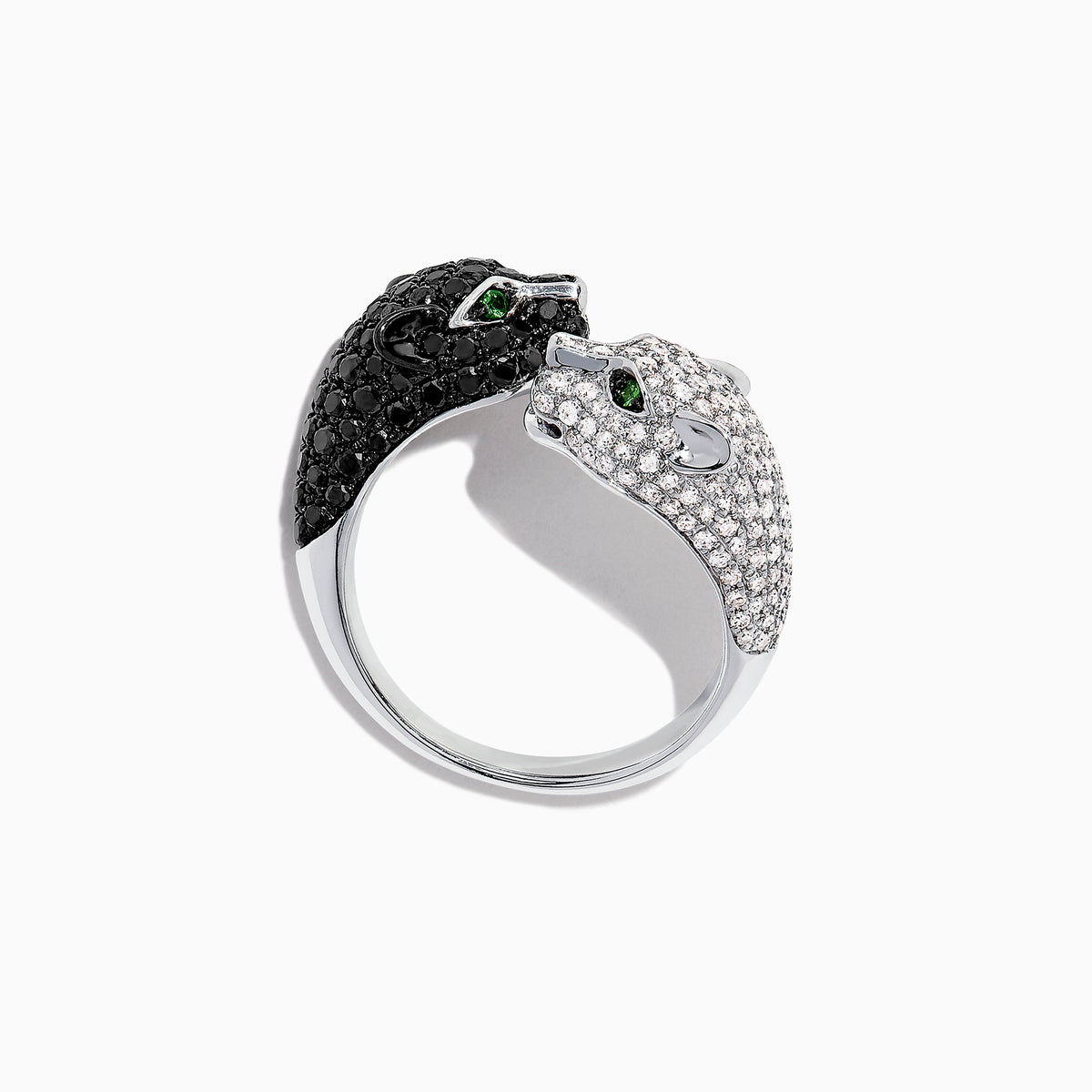 The Signature 14K Gold Black & White Diamond Double Panther Ring, 1.49 TCW, features two panther heads—one with black stones, the other with white—each set with vivid green gemstone eyes.