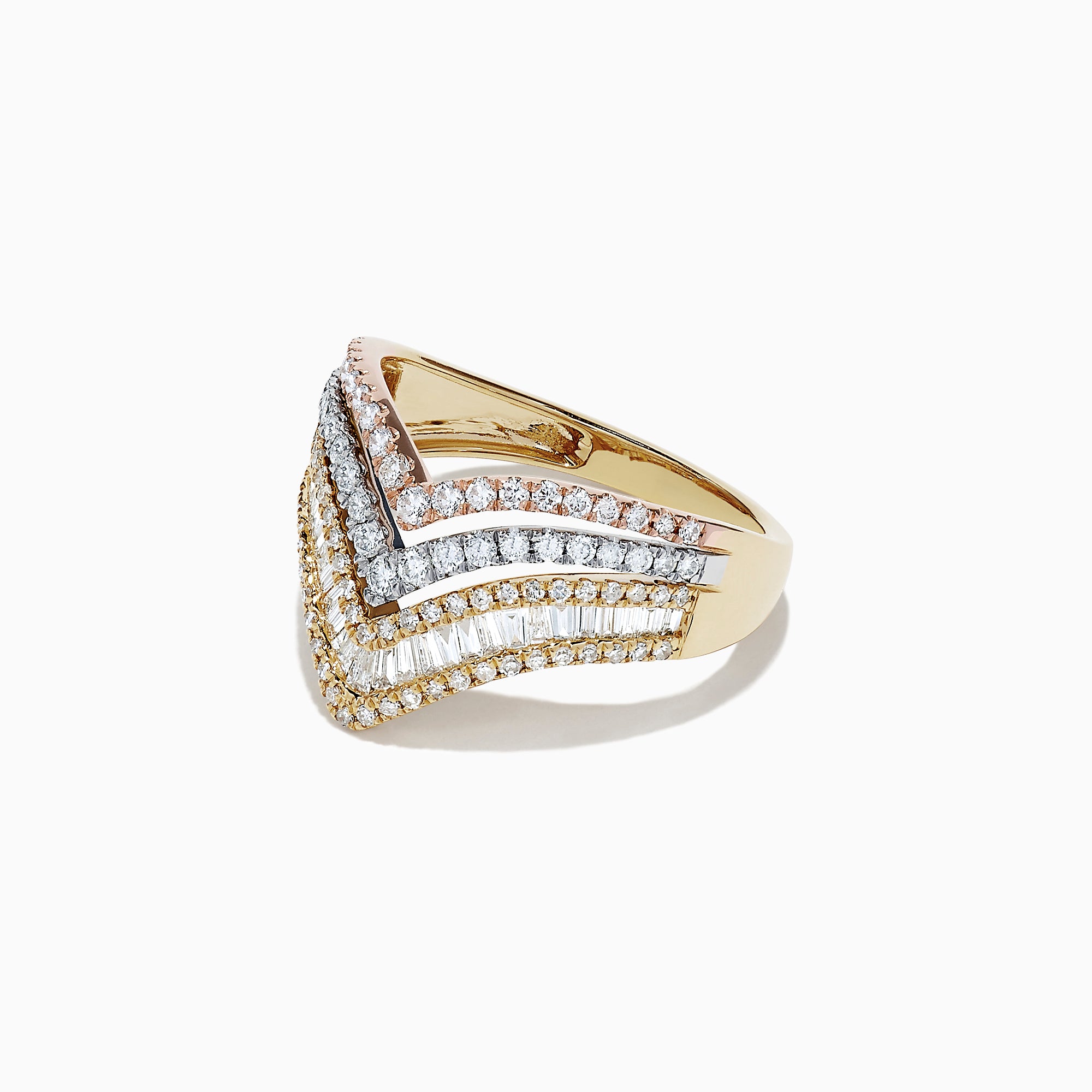 The Trio 14K Tri Color Gold Diamond Ring, 0.88 TCW, features layers of round and baguette-cut diamonds on tri color gold bands, shown against a plain white background.