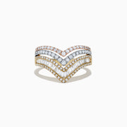 The Trio 14K Tri Color Gold Diamond Ring, 0.88 TCW, features layers of round and baguette-cut diamonds on tri color gold bands, shown against a plain white background.