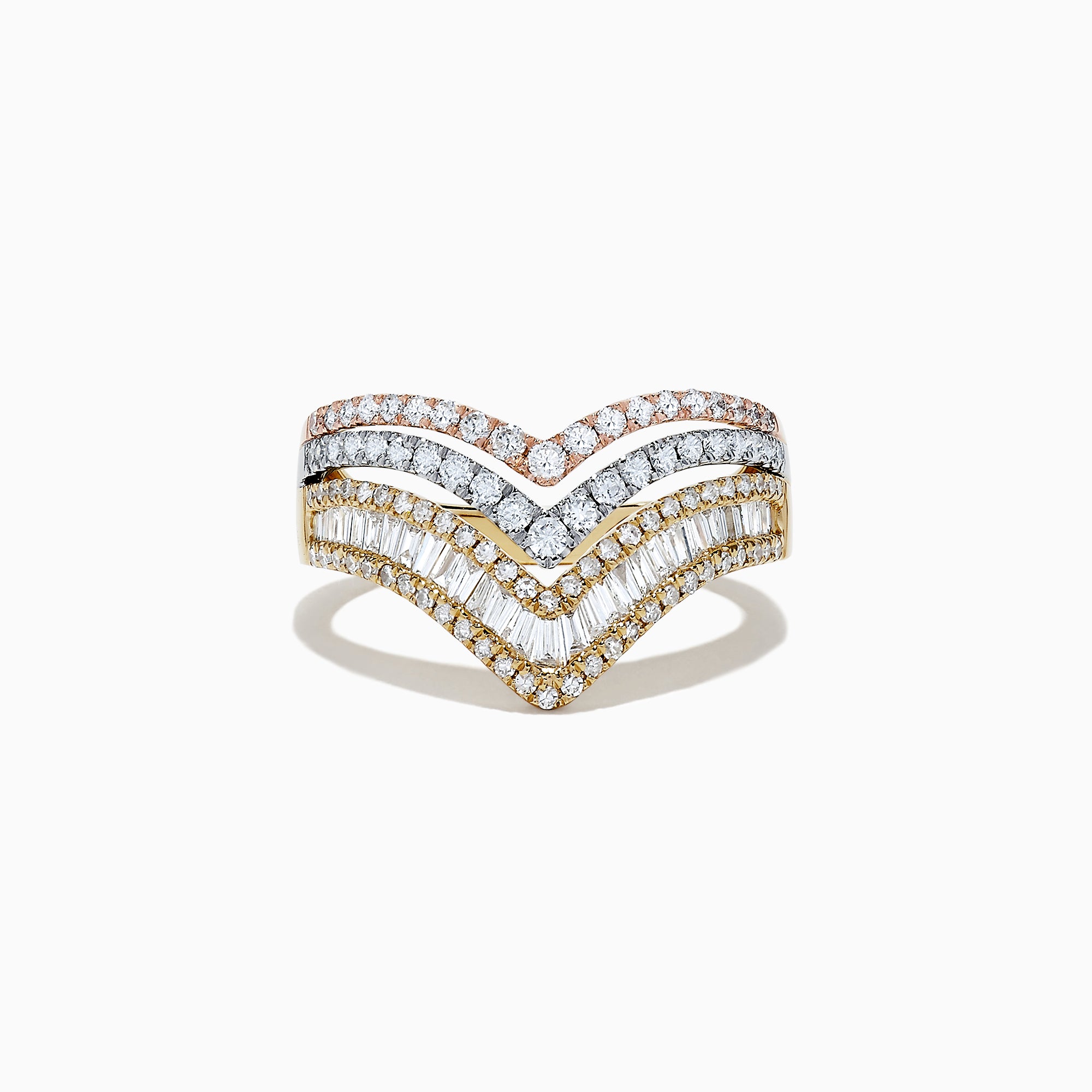 The Trio 14K Tri Color Gold Diamond Ring, 0.88 TCW, features layers of round and baguette-cut diamonds on tri color gold bands, shown against a plain white background.