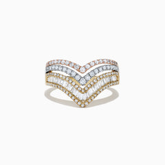 The Trio 14K Tri Color Gold Diamond Ring, 0.88 TCW, features layers of round and baguette-cut diamonds on tri color gold bands, shown against a plain white background.