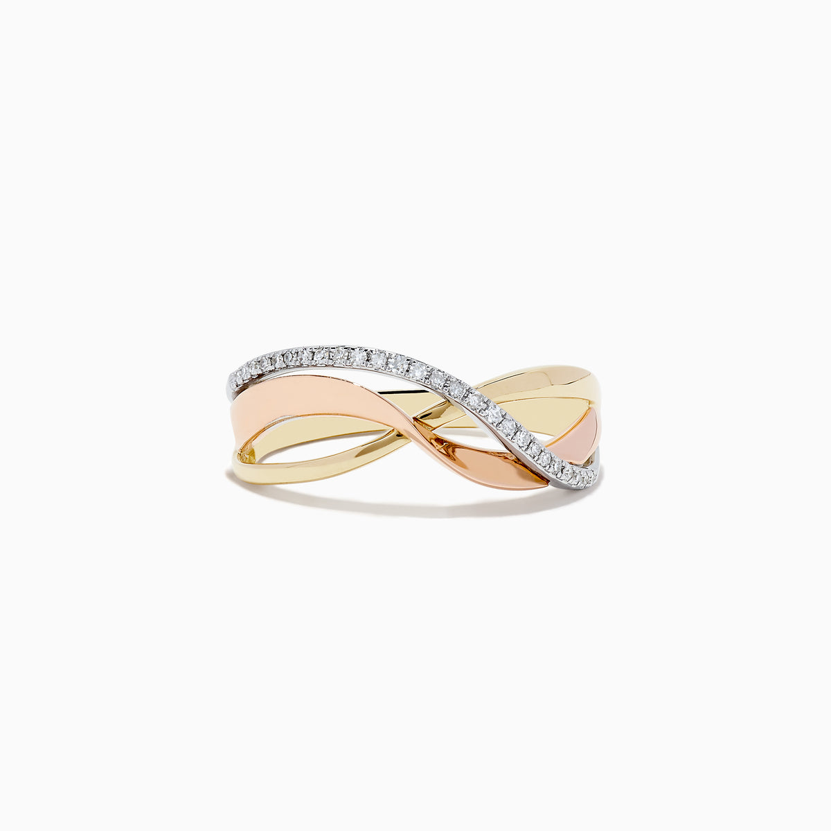 The Trio 14K Three Tone Diamond Cross Over Ring features intertwined yellow, rose, and white gold bands, with one band adorned with sparkling diamonds for a smooth and elegant look.