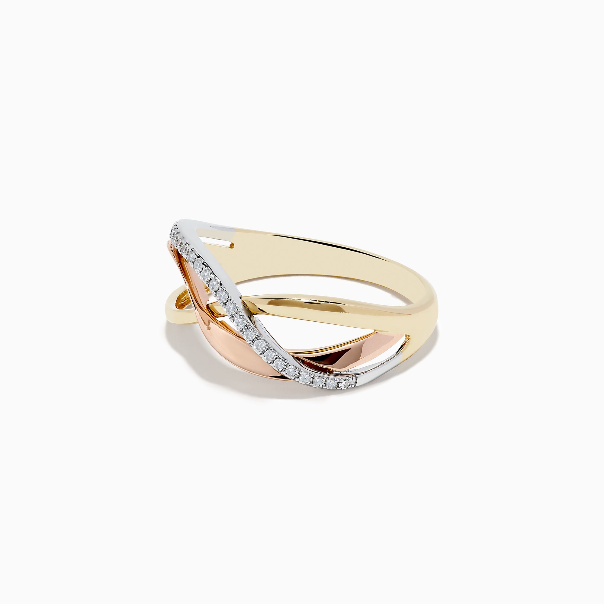 The Trio 14K Three Tone Diamond Cross Over Ring features intertwined yellow, rose, and white gold bands, with one band adorned with sparkling diamonds for a smooth and elegant look.