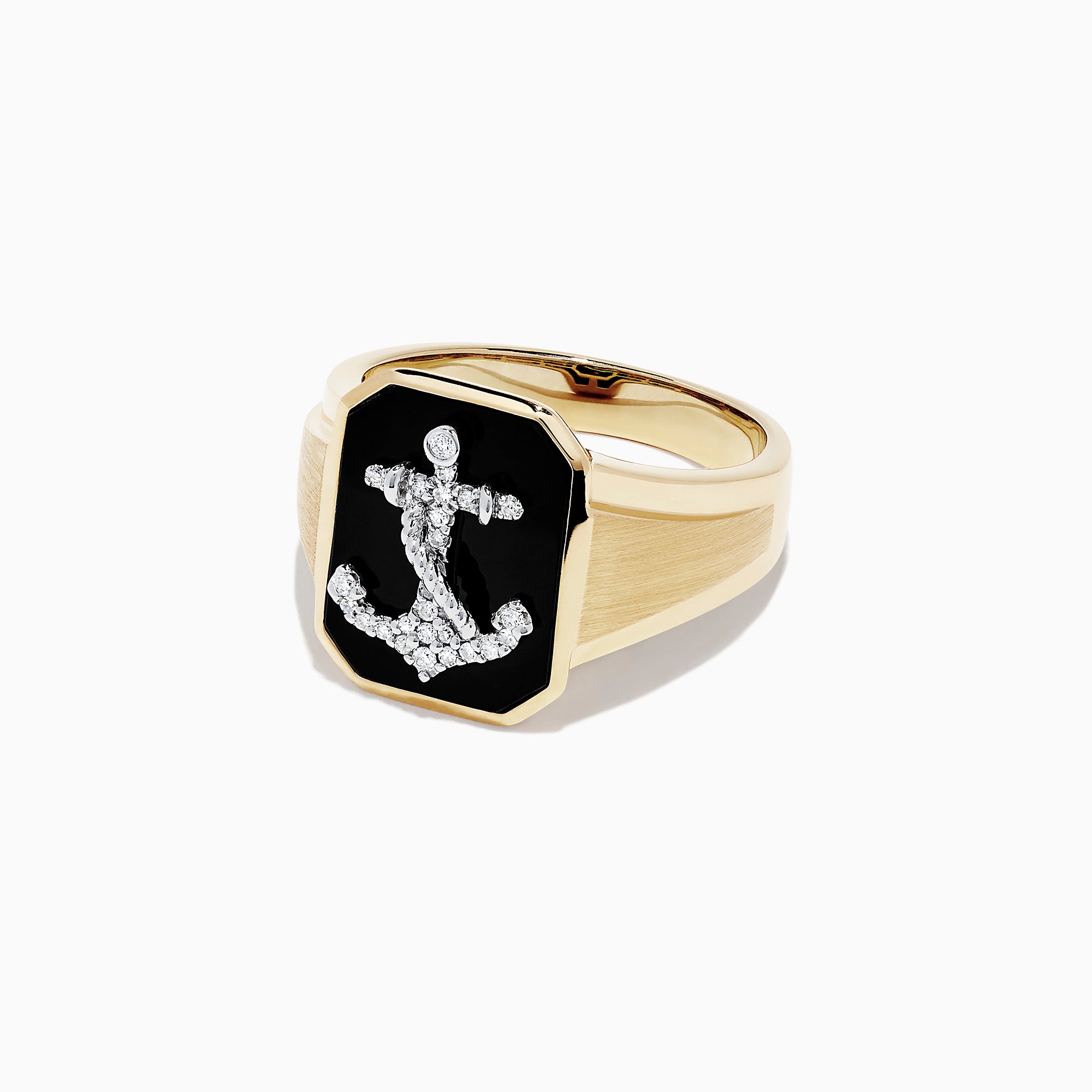 Mens 14K Two Tone Gold Anchor Ring with a rectangular black agate face and diamond-studded anchor design, 1.66 TCW.