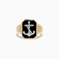 Mens 14K Two Tone Gold Anchor Ring with a rectangular black agate face and diamond-studded anchor design, 1.66 TCW.