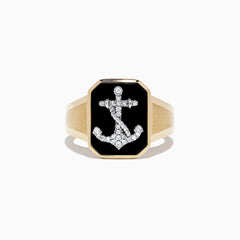 Mens 14K Two Tone Gold Anchor Ring with a rectangular black agate face and diamond-studded anchor design, 1.66 TCW.