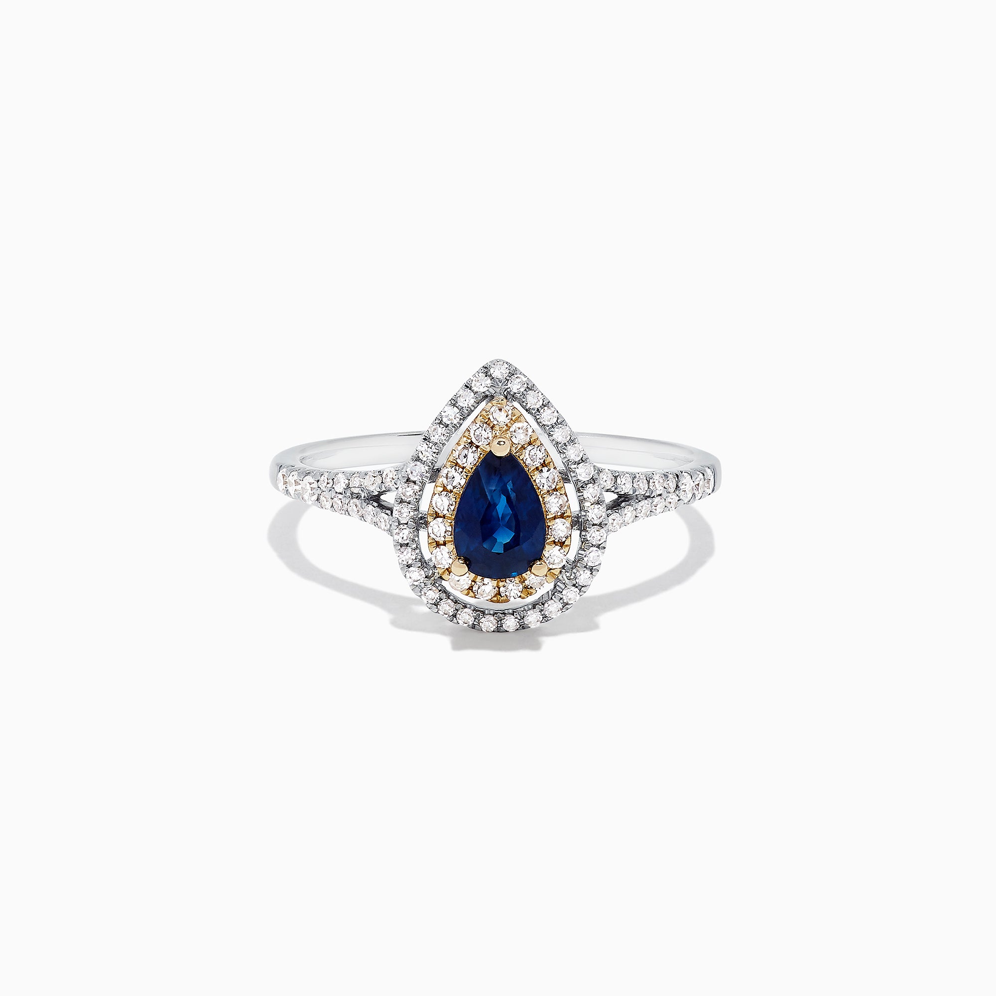 The Royale Bleu 14K Two Tone Gold Sapphire and Diamond Ring, 0.77 TCW, features a pear-shaped sapphire center with double diamond halos, gold accents, and a diamond-adorned band.