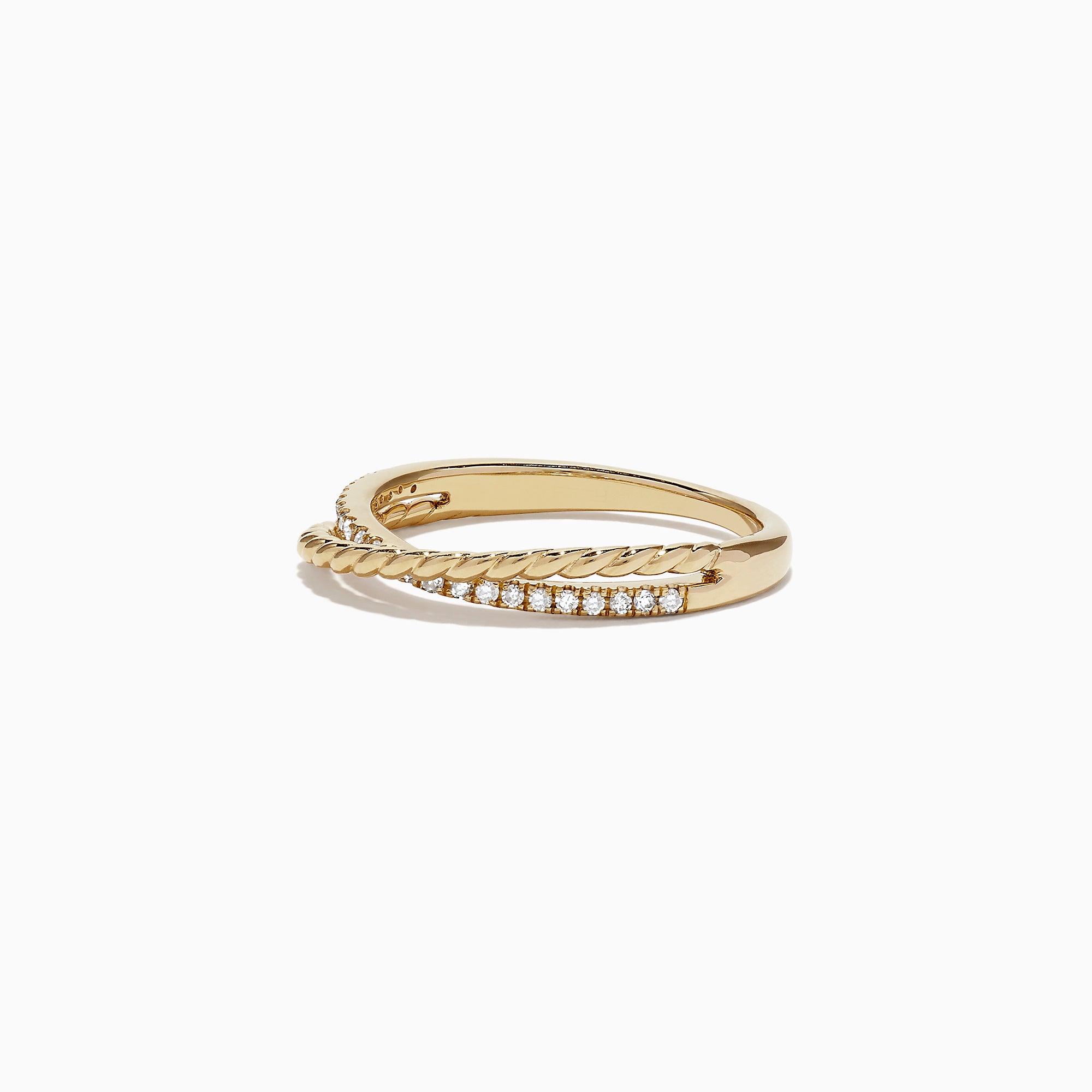The DOro 14K Yellow Gold Cross Over Diamond Band features a twisted rope design with 0.11 TCW diamonds along one side, displayed on a plain white background.