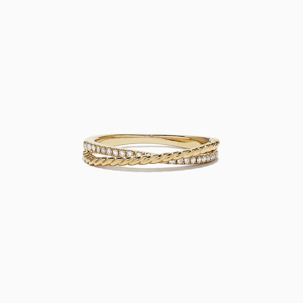 The DOro 14K Yellow Gold Cross Over Diamond Band features a twisted rope design with 0.11 TCW diamonds along one side, displayed on a plain white background.