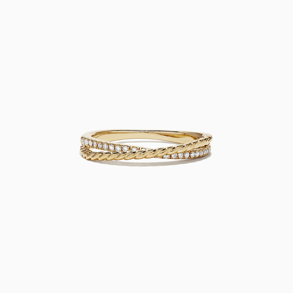 The DOro 14K Yellow Gold Cross Over Diamond Band features a twisted rope design with 0.11 TCW diamonds along one side, displayed on a plain white background.
