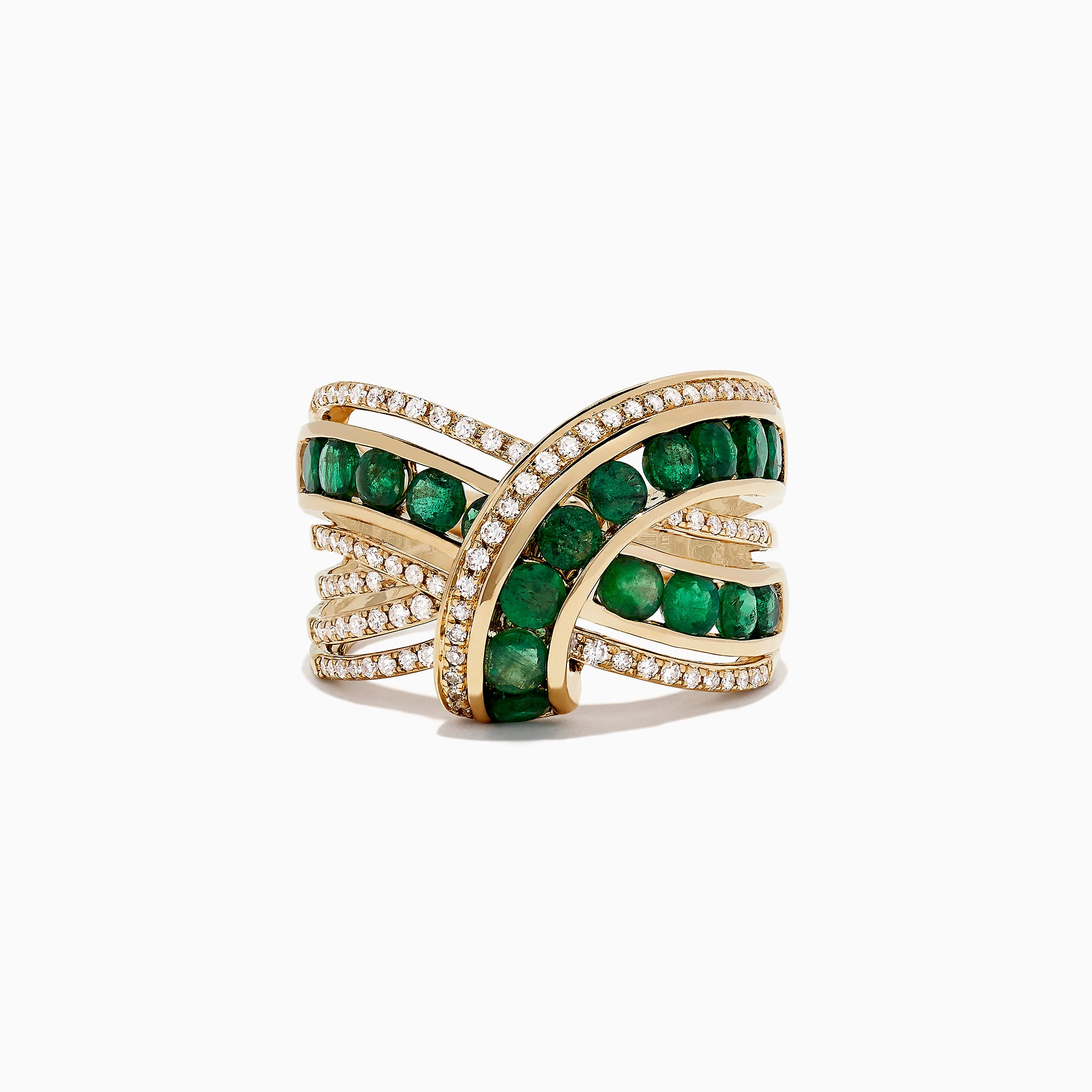 The Brasilica 14K Yellow Gold Emerald and Diamond Wrap Ring, 2.22 TCW, features intersecting rows of round green emeralds edged with pavé-set diamonds in an elegant criss-cross design.