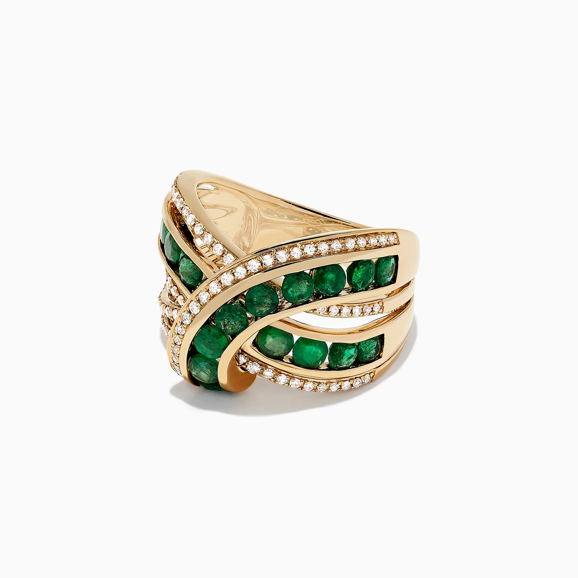 The Brasilica 14K Yellow Gold Emerald and Diamond Wrap Ring, 2.22 TCW, features intersecting rows of round green emeralds edged with pavé-set diamonds in an elegant criss-cross design.