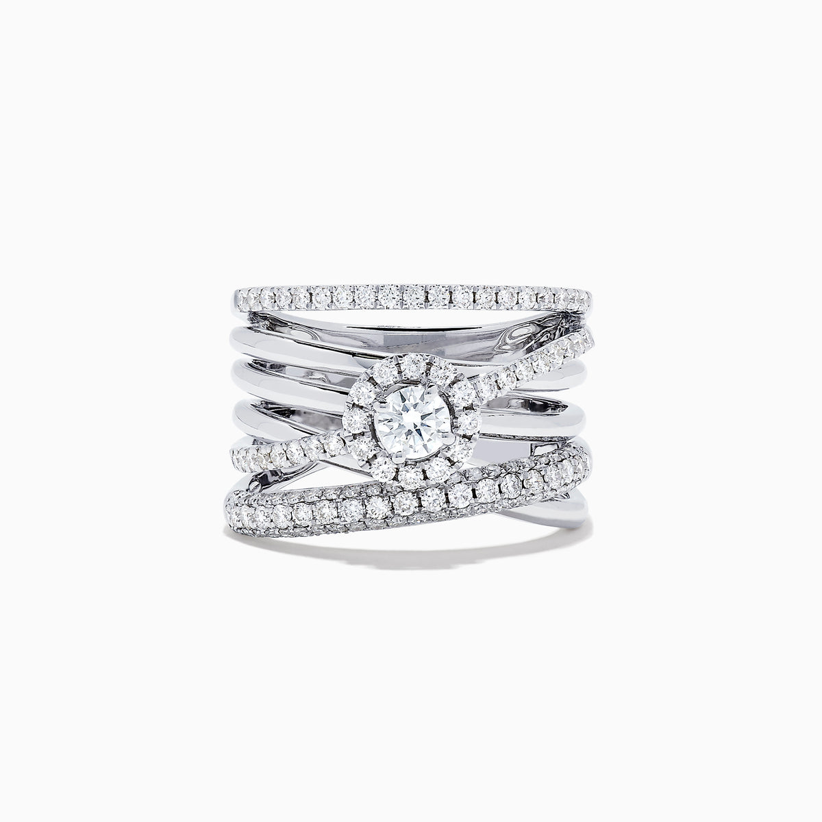 The Pave Classica 14K White Gold Diamond Ring, 1.12 TCW, features a round center diamond encircled by smaller diamonds and pavé-set stones on crisscrossing bands for added sparkle.