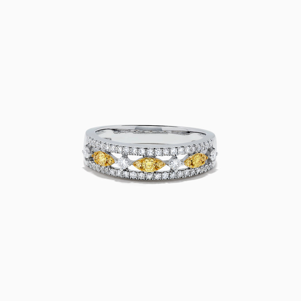 The Canare 14K White Gold Yellow and White Diamond Ring (0.42 TCW) features rows of white diamonds accented by alternating marquise white and round yellow diamonds in a striking, symmetrical design.